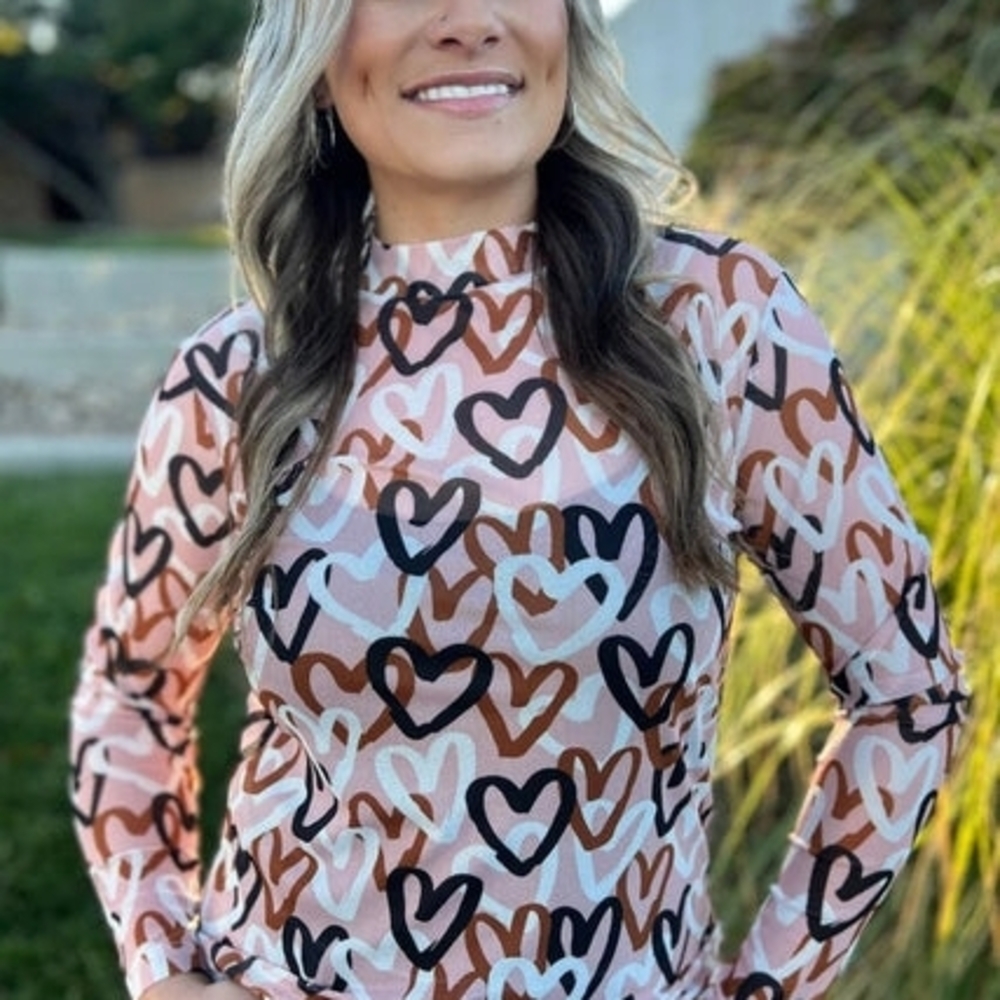 Heart Pattern Long Sleeve Mesh Top